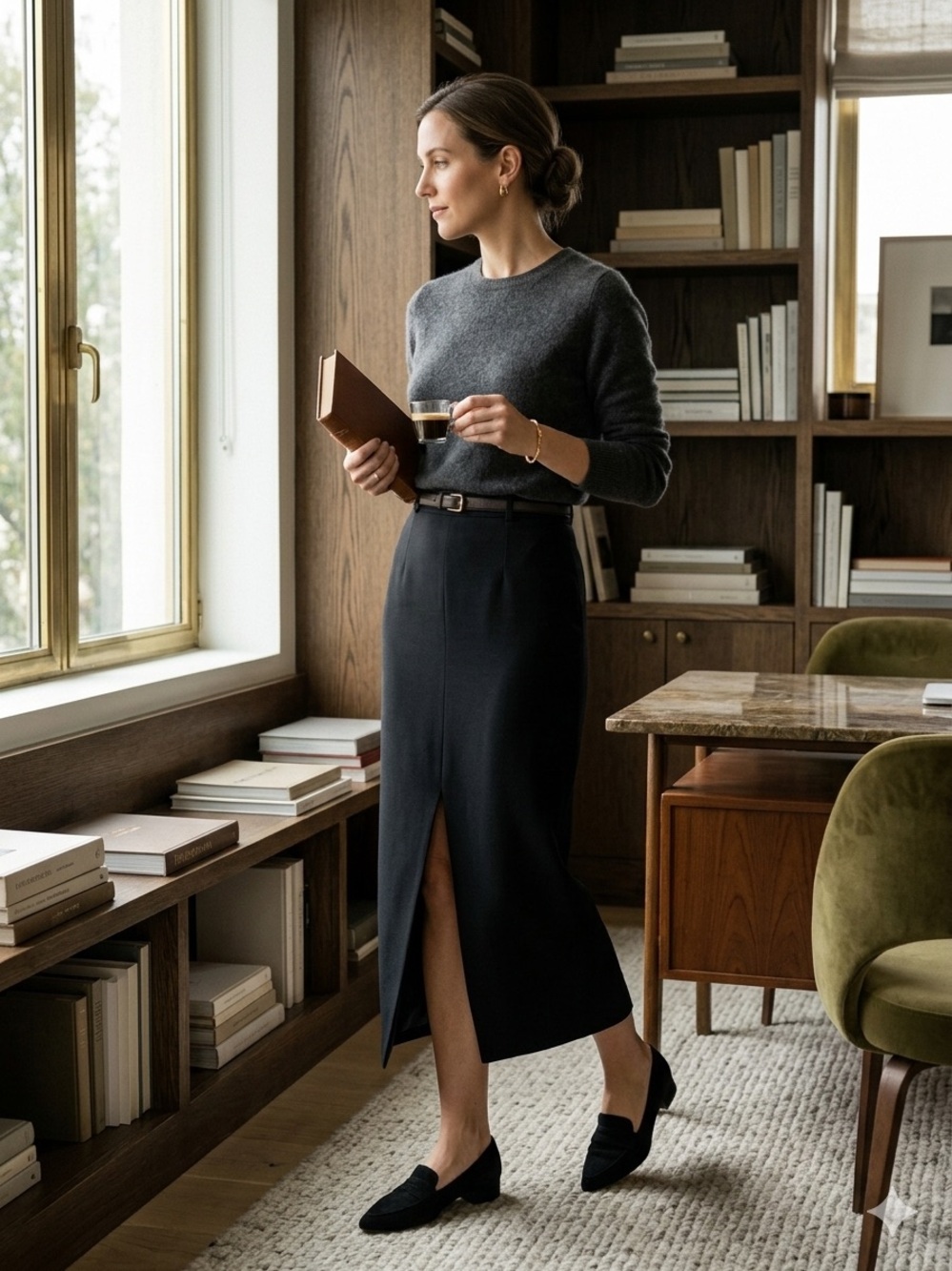 Vintage Chaus 100% Wool Midi Skirt 12 Black Slit Minimalist Dark Academia Chic